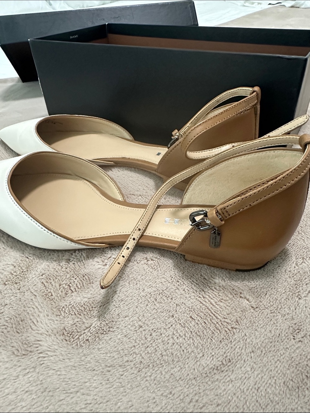 COACH White Pointed Toe Slingback Flats with Tan Ankle Strap - Picture 2 of 4
